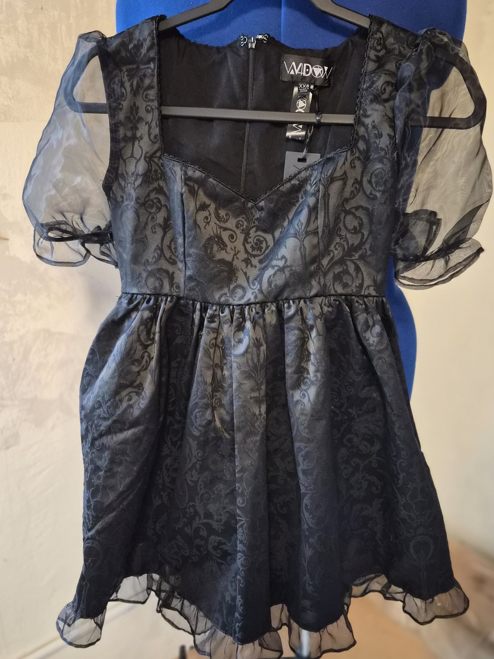 Dolls Kill Black Satin And Velvet Jacquard Puff Sleeve Mini Dress